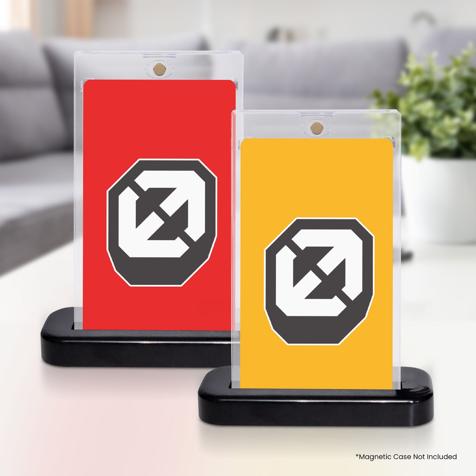 Two black slab display stands with Evoretro logo, one red and one yellow on white surface