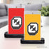 Two black slab display stands with Evoretro logo, one red and one yellow on white surface