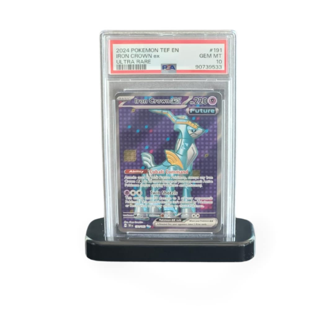 PSA graded card on black display stand