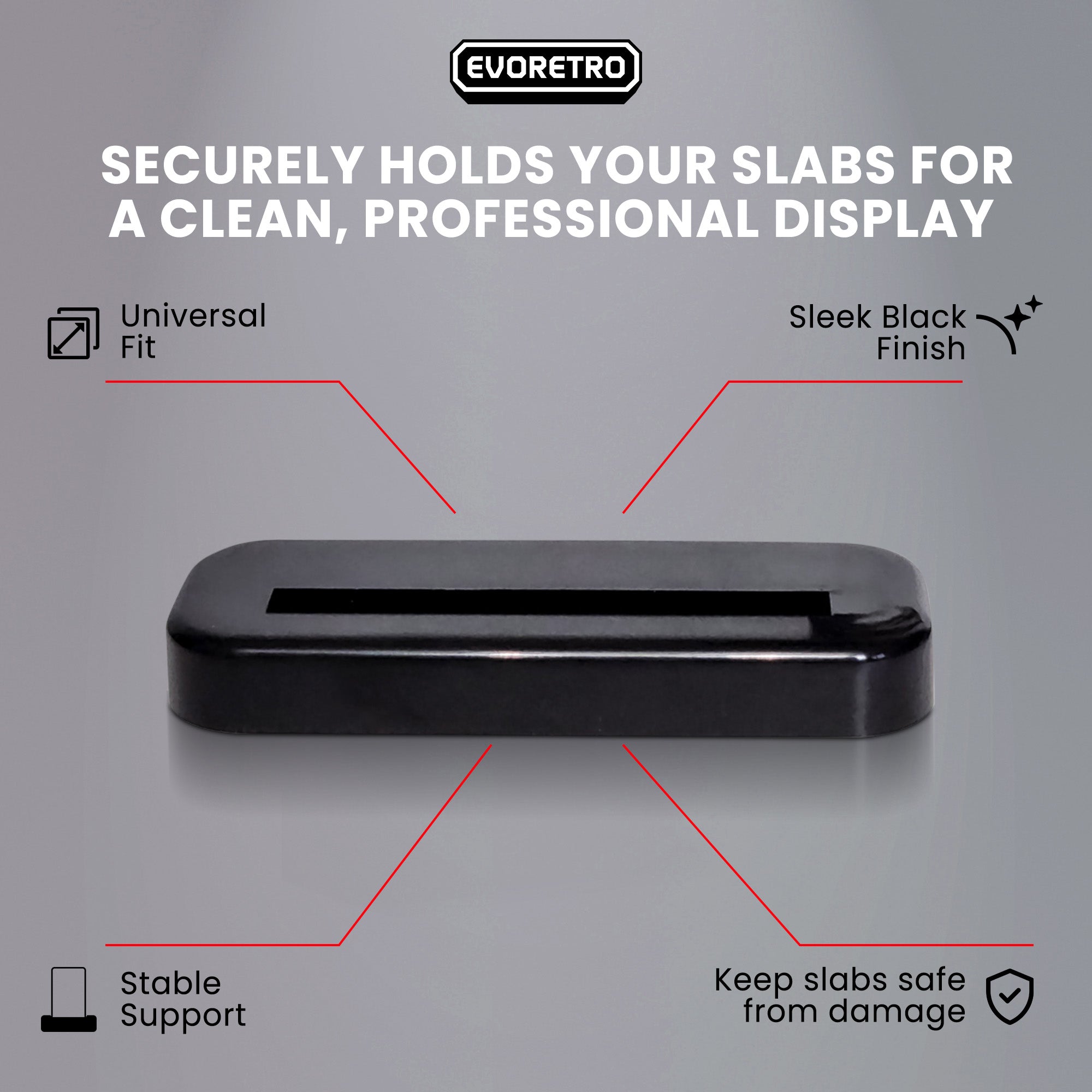 Black slab holder with highlighted features on gray background branded Evoretro