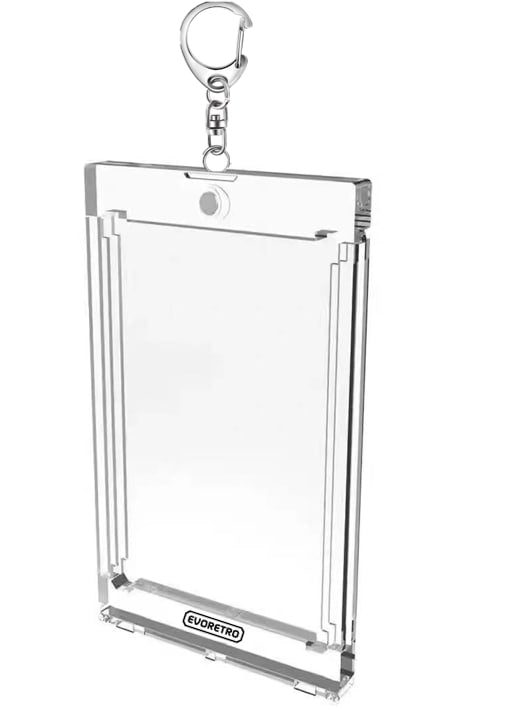 Magnetic card holder keychain for trading cards, empty case shown on white background