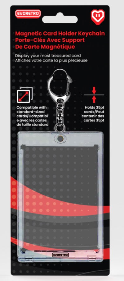 A black and red magnetic card holder keychain in its packaging, designed to display and protect collectible cards.