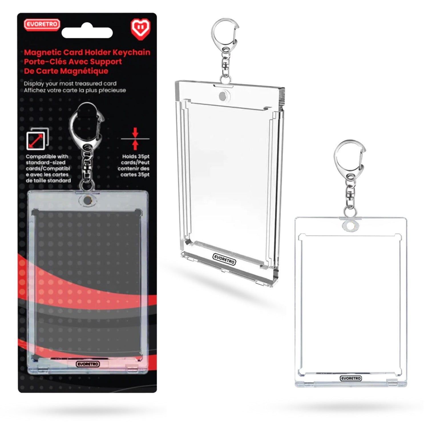 Magnetic card holder keychain with packaging on a white background