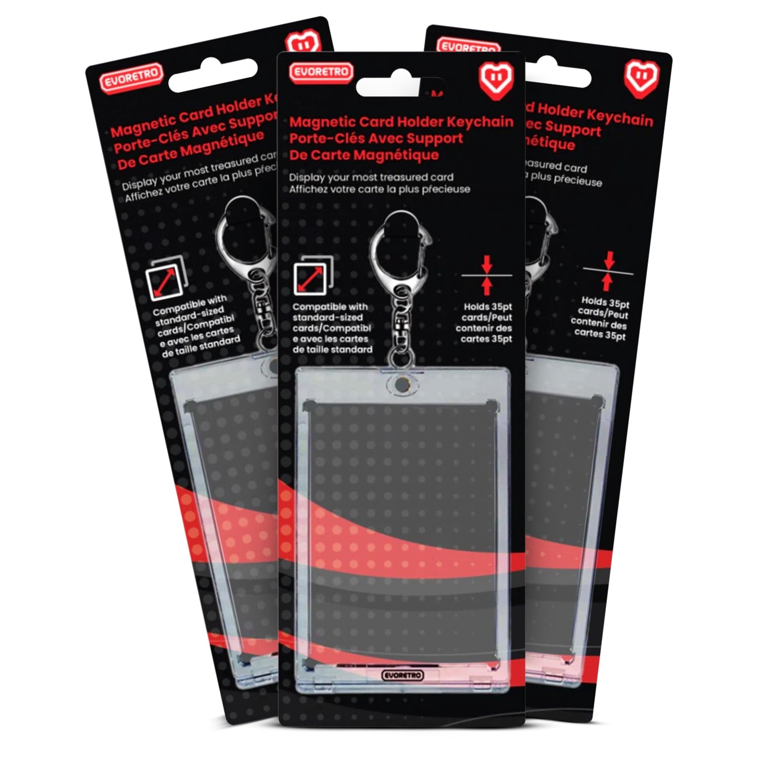 Three packages of a magnetic card holder keychain with clear plastic window on a white background.