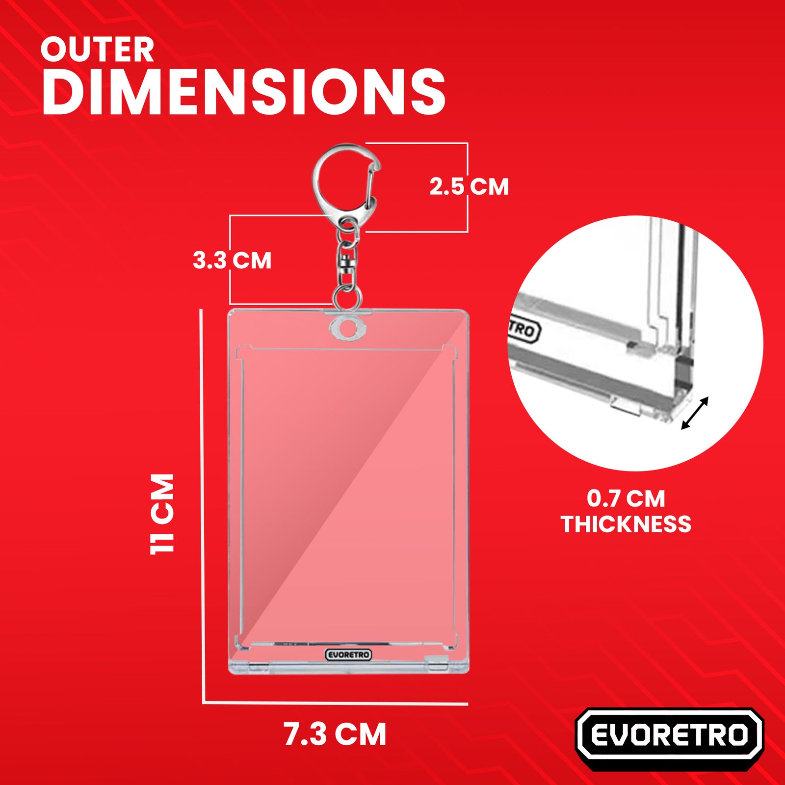 Clear plastic card holder with keychain on a red background, showing dimensions and EVORETRO branding.