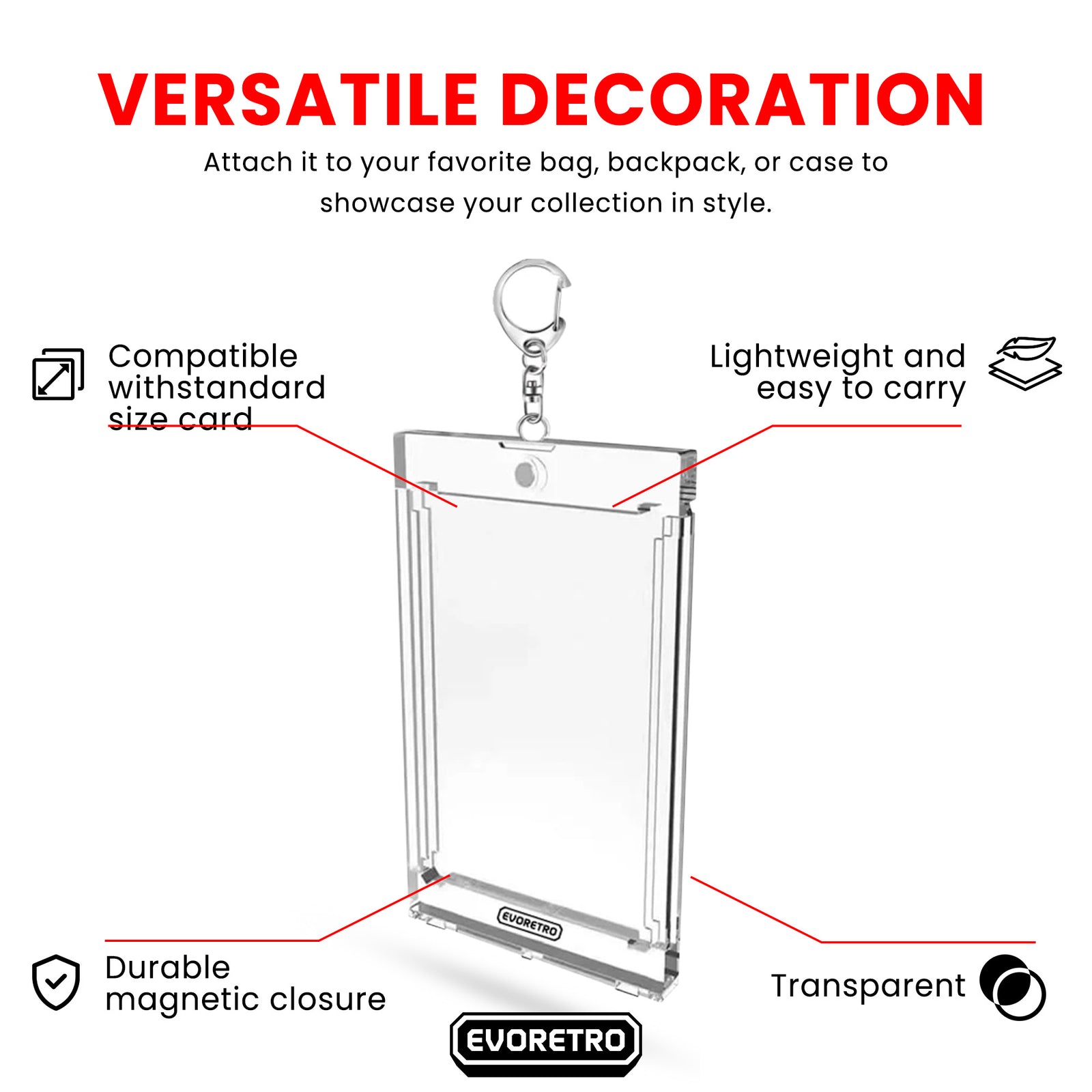 Clear plastic card holder with keychain attachment, features highlighted on a white background.