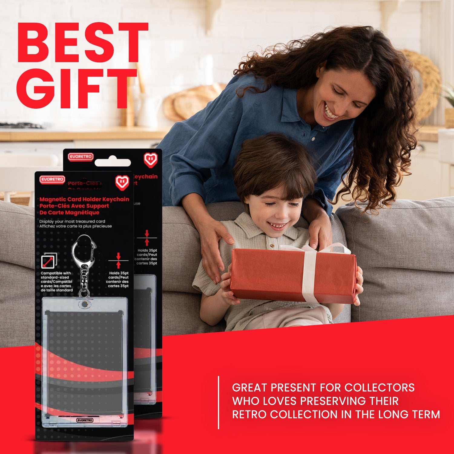 Woman and child opening gift box with 2 magnetic card holder keychains in packaging shown on the left.