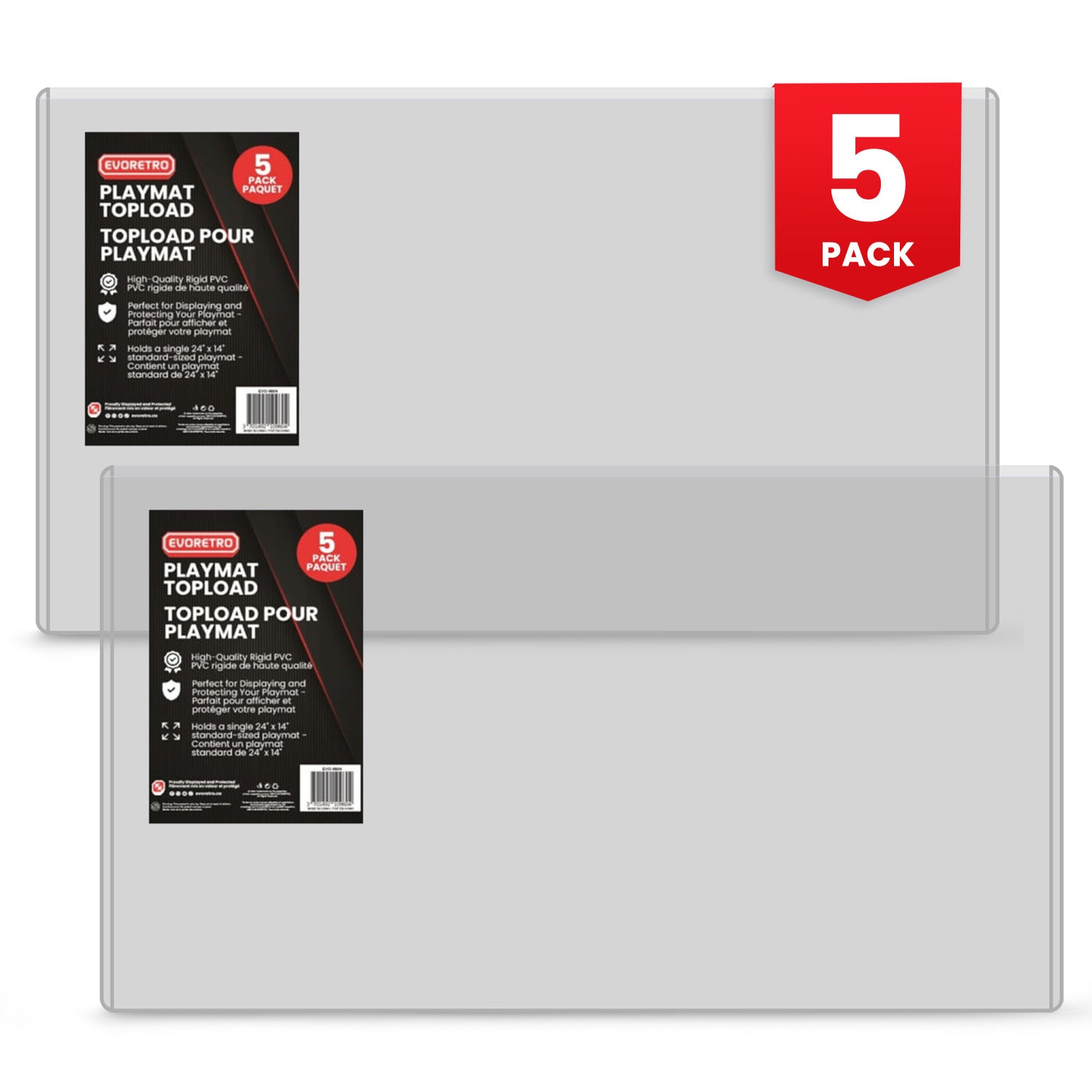 Two playmat toploaders with labels and a red '5 Pack' badge on a white background