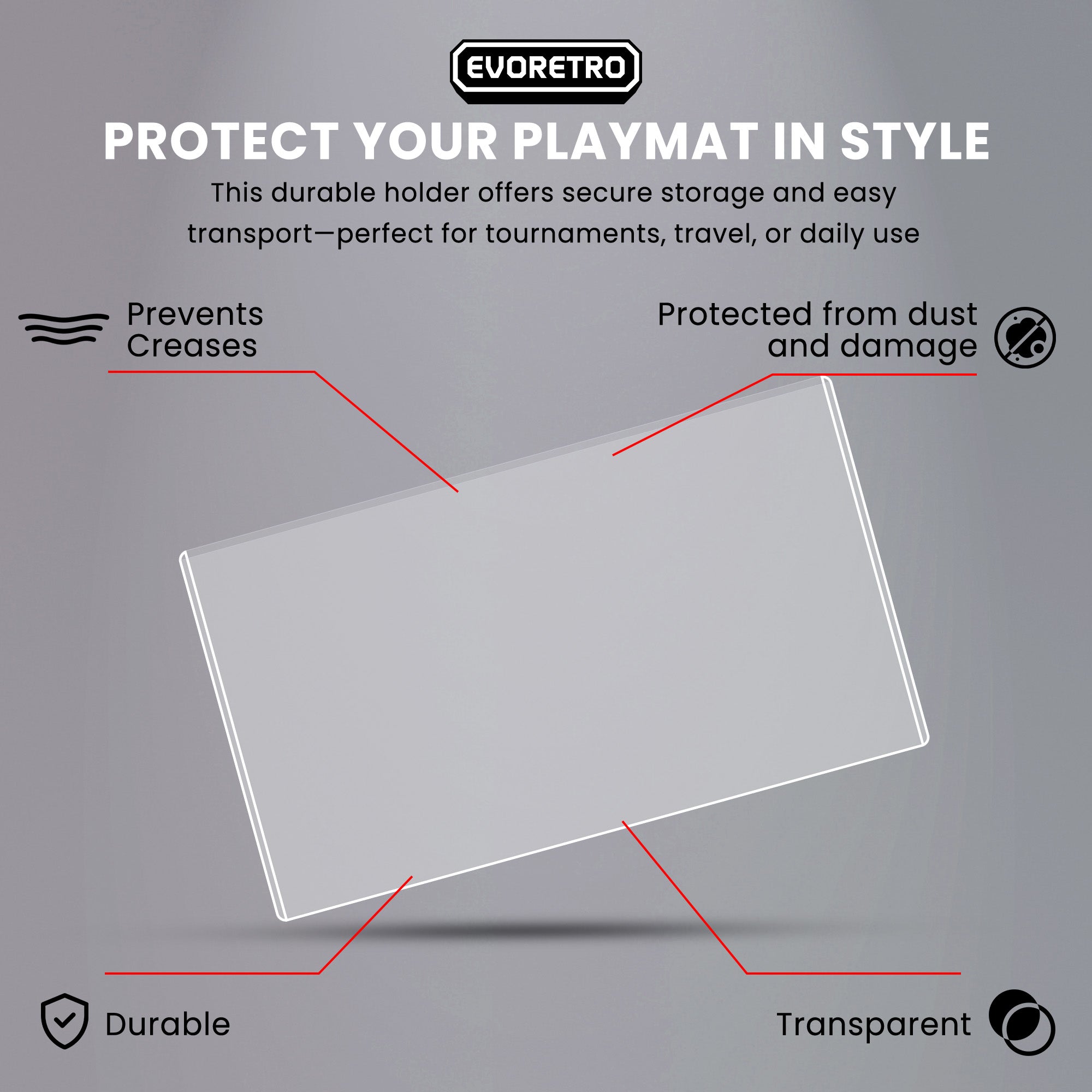 Transparent playmat holder with features on a gray background, branded 'Evoretro'.