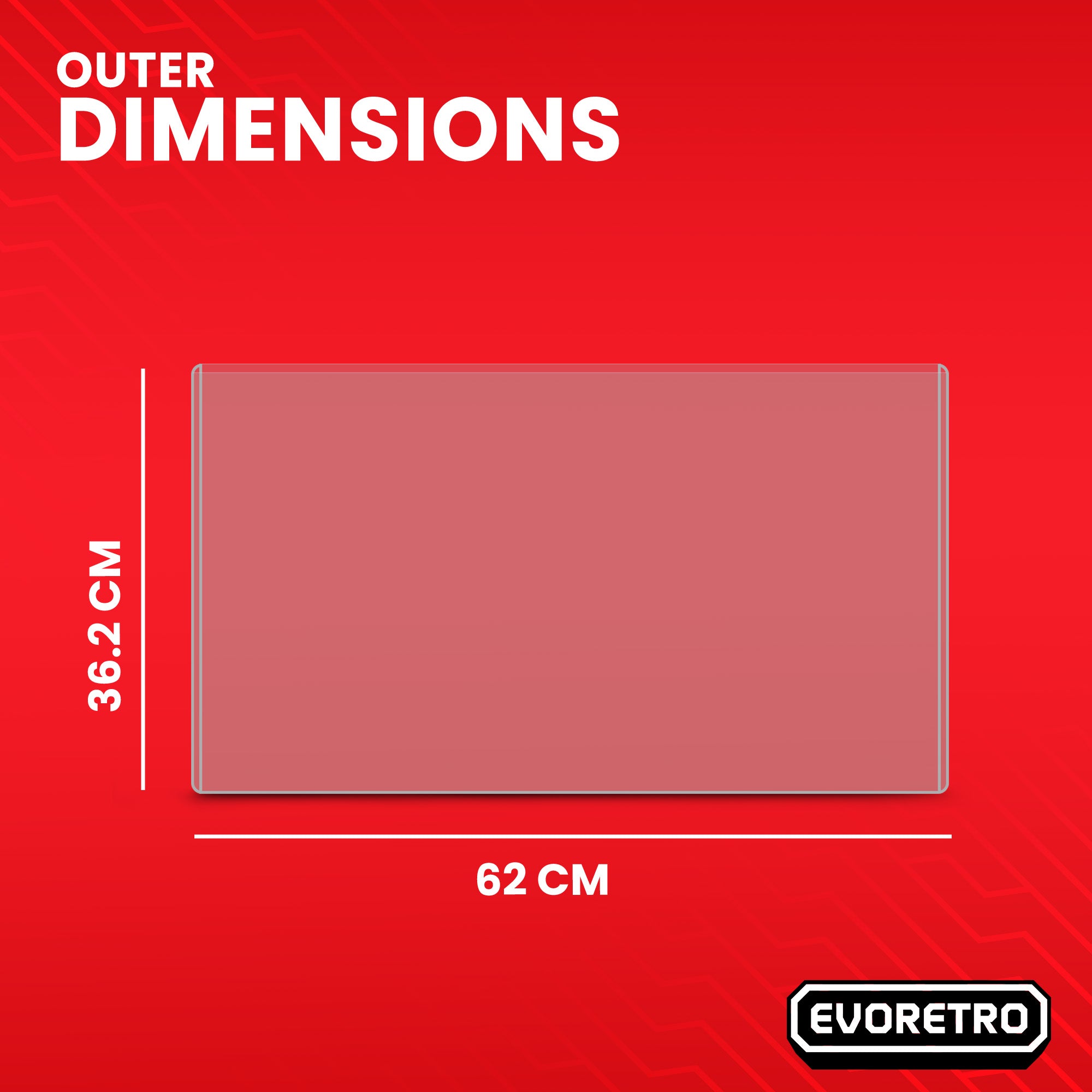 Playmat topload holder with dimensions 36.2 cm x 62 cm on a red background, featuring the EVORETRO brand.