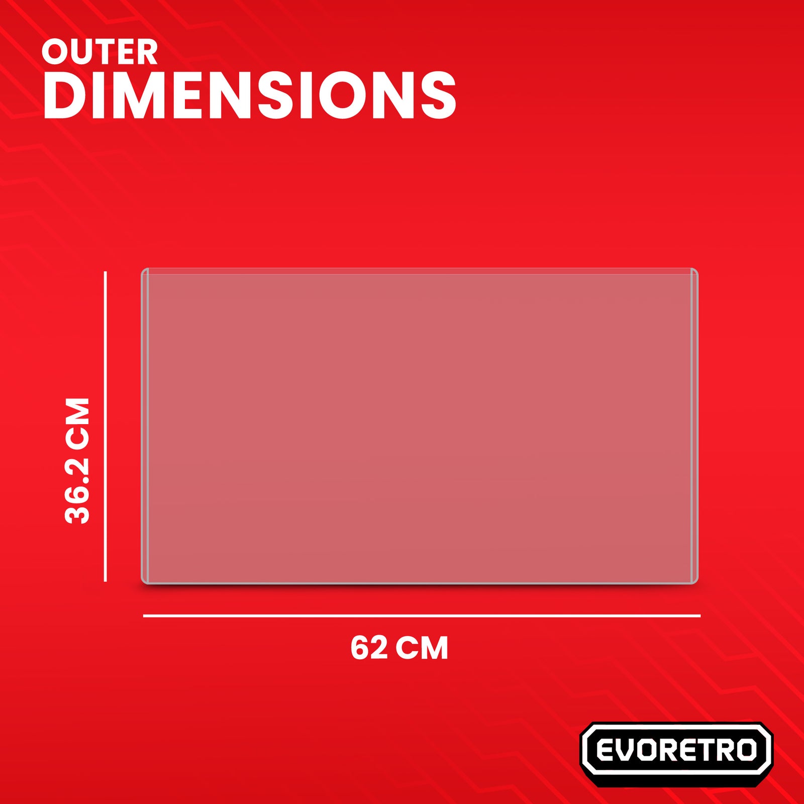 Playmat topload holder with dimensions 36.2 cm x 62 cm on a red background, featuring the EVORETRO brand.