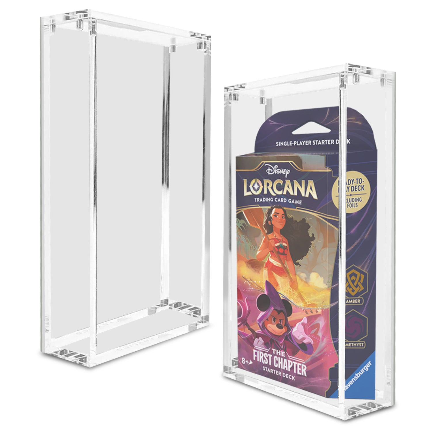 Clear acrylic display case holding a sealed Disney Lorcana Starter Deck, showing a snug fit and transparent protective design.