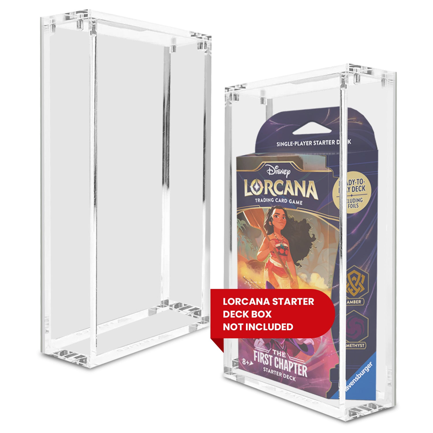 Clear acrylic display case with a Disney Lorcana Starter Deck inside and a red label that says “Lorcana Starter Deck Box Not Included.”