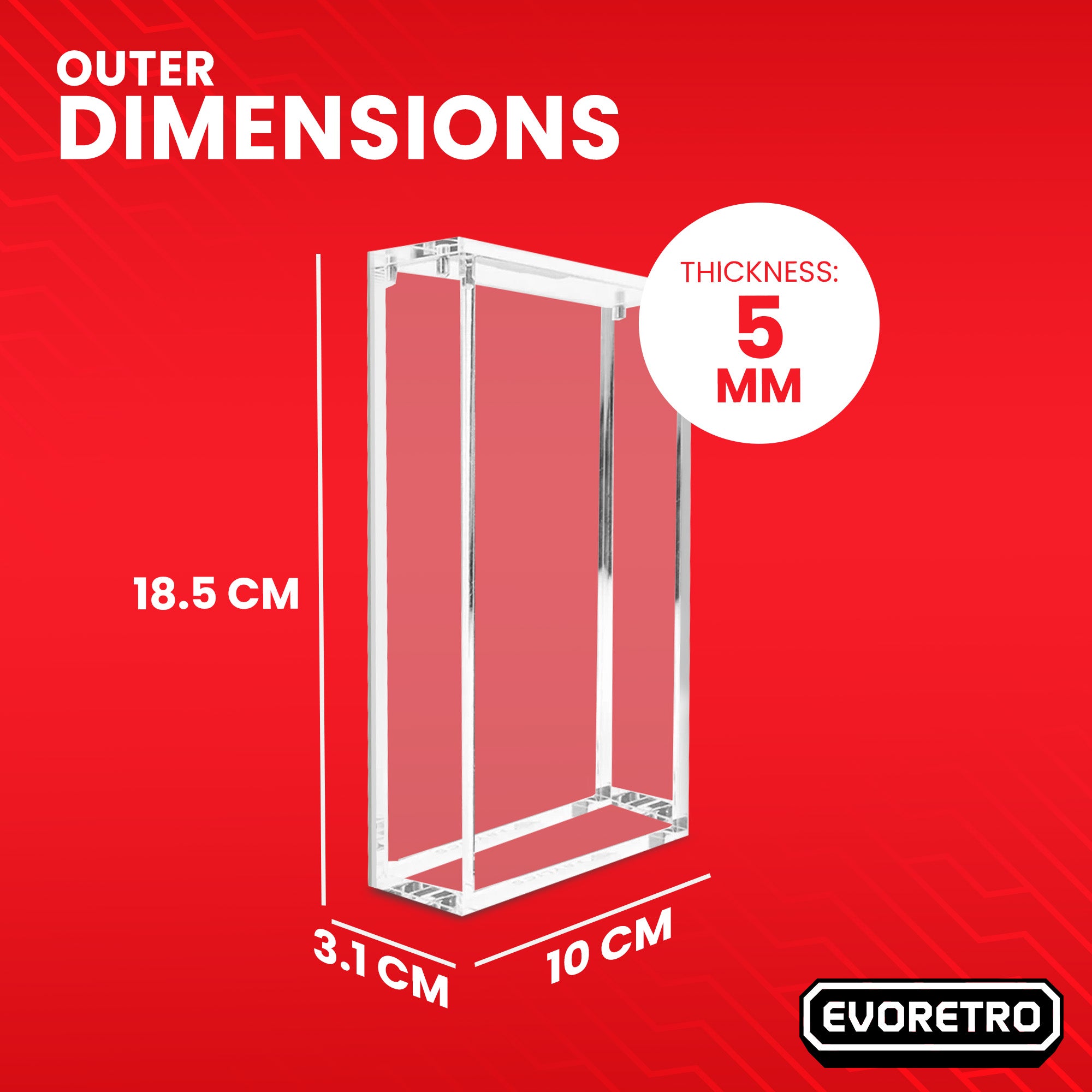 Clear acrylic display stand with dimensions on a red background, featuring the EVORETRO brand.