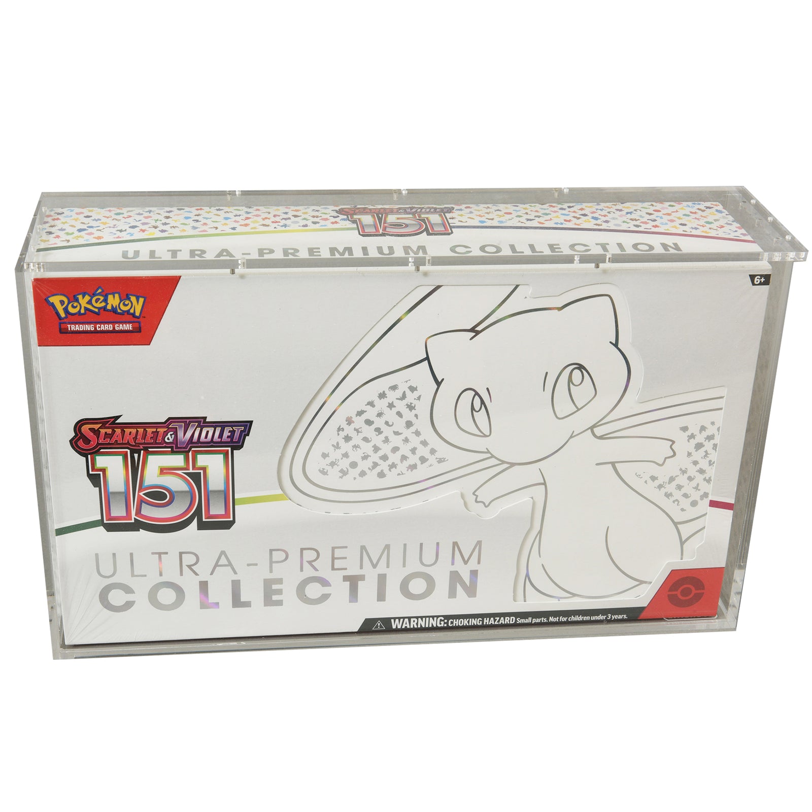 Pokemon 151 Ultra-Premium Box inside acrylic case on white background.