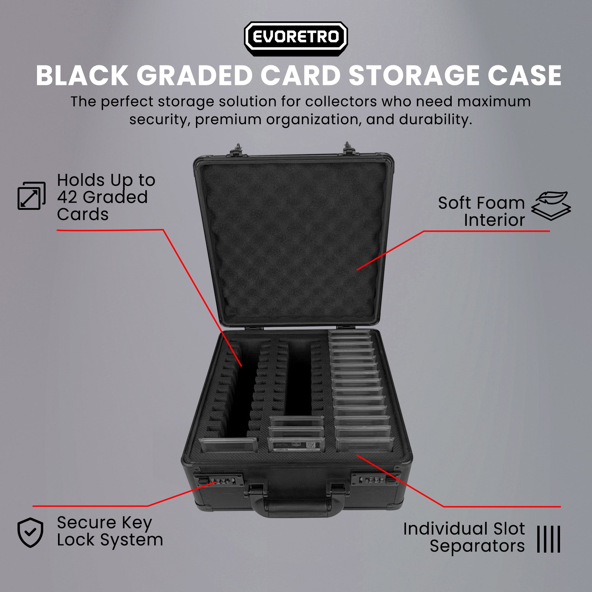 Black graded card storage case with features highlighted on a gray background