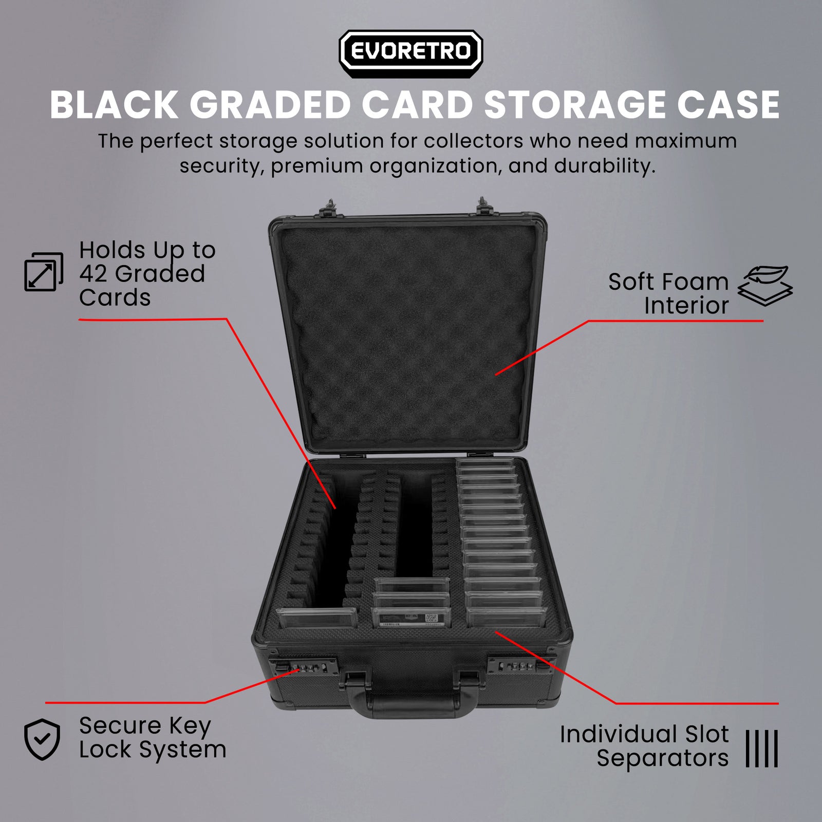 Black graded card storage case with features highlighted on a gray background