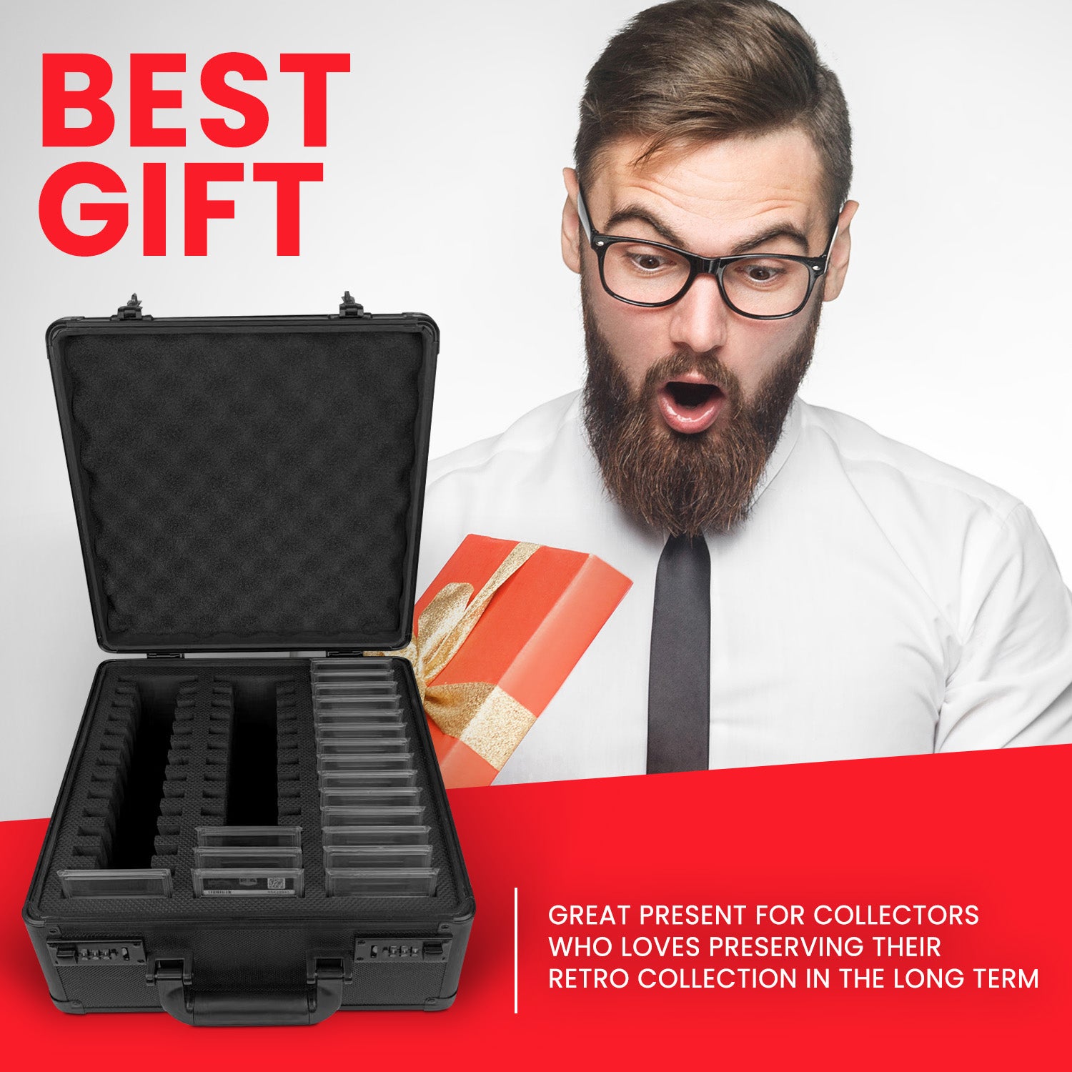 Bearded man with glasses reacting excitedly to a black graded card case labeled “Best Gift,” set against a red and white background.