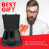 Bearded man with glasses reacting excitedly to a black graded card case labeled “Best Gift,” set against a red and white background.