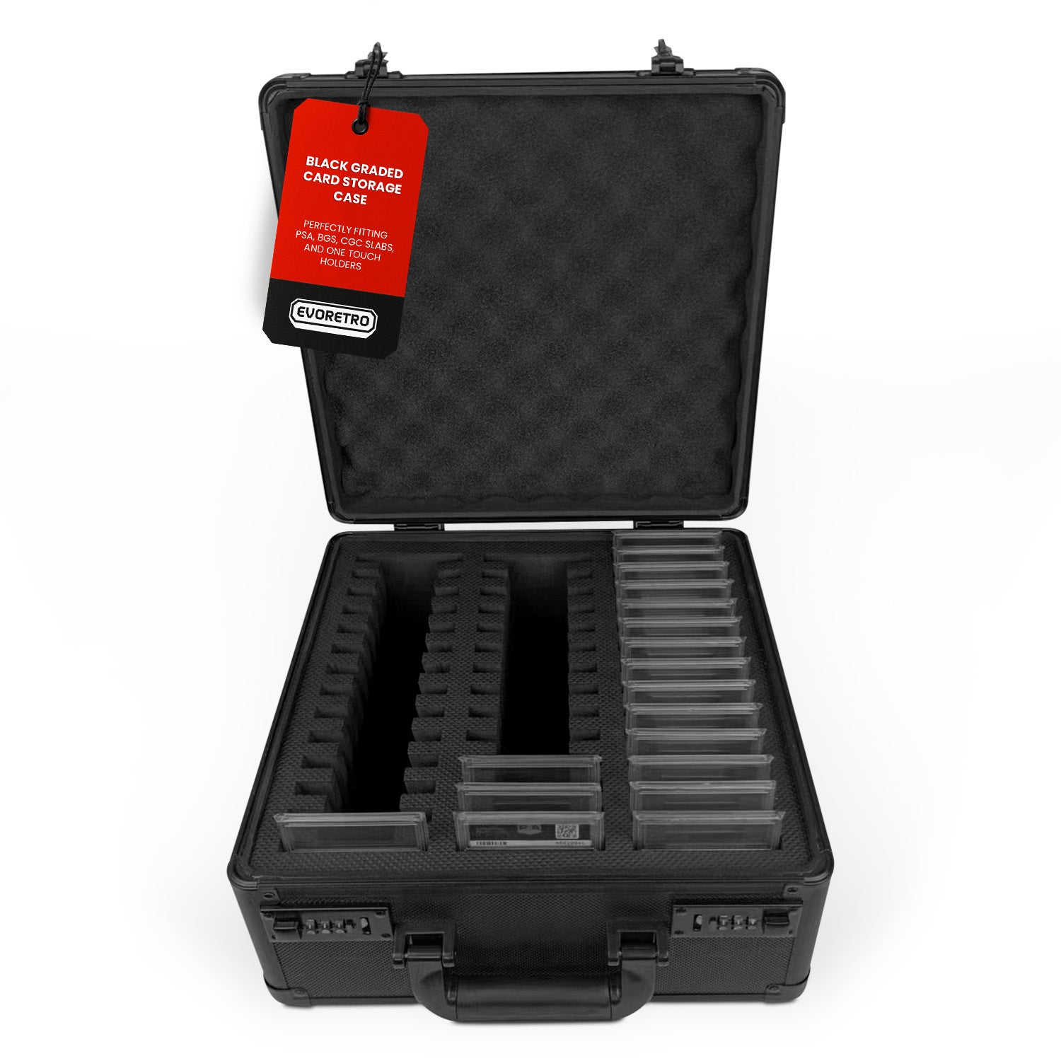 Black graded card storage case with a red label that reads “BLACK GRADED CARD STORAGE CASE” in white text, on a white background.