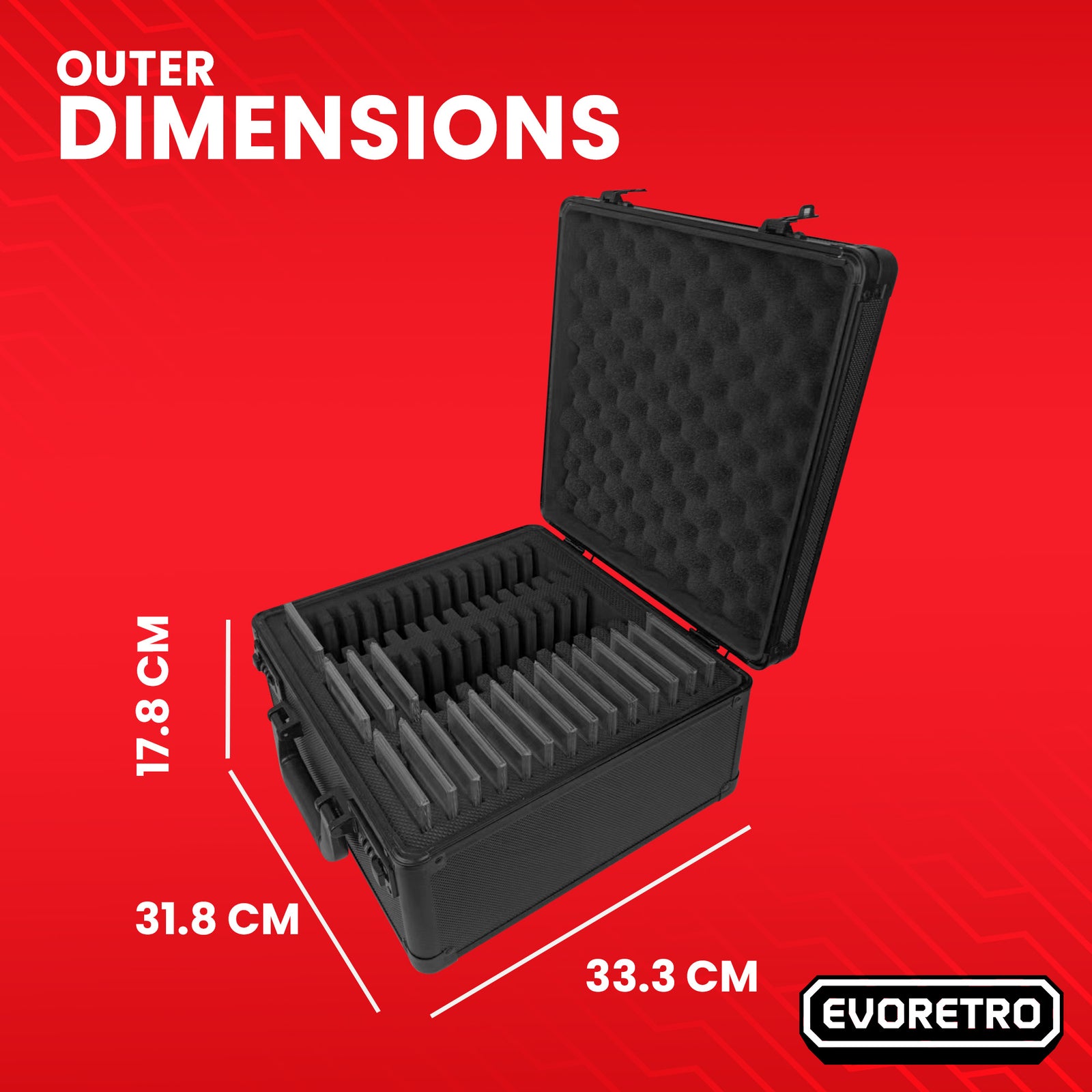 Black open graded card case with foam dividers, displayed on a red background, featuring dimensions in centimeters.