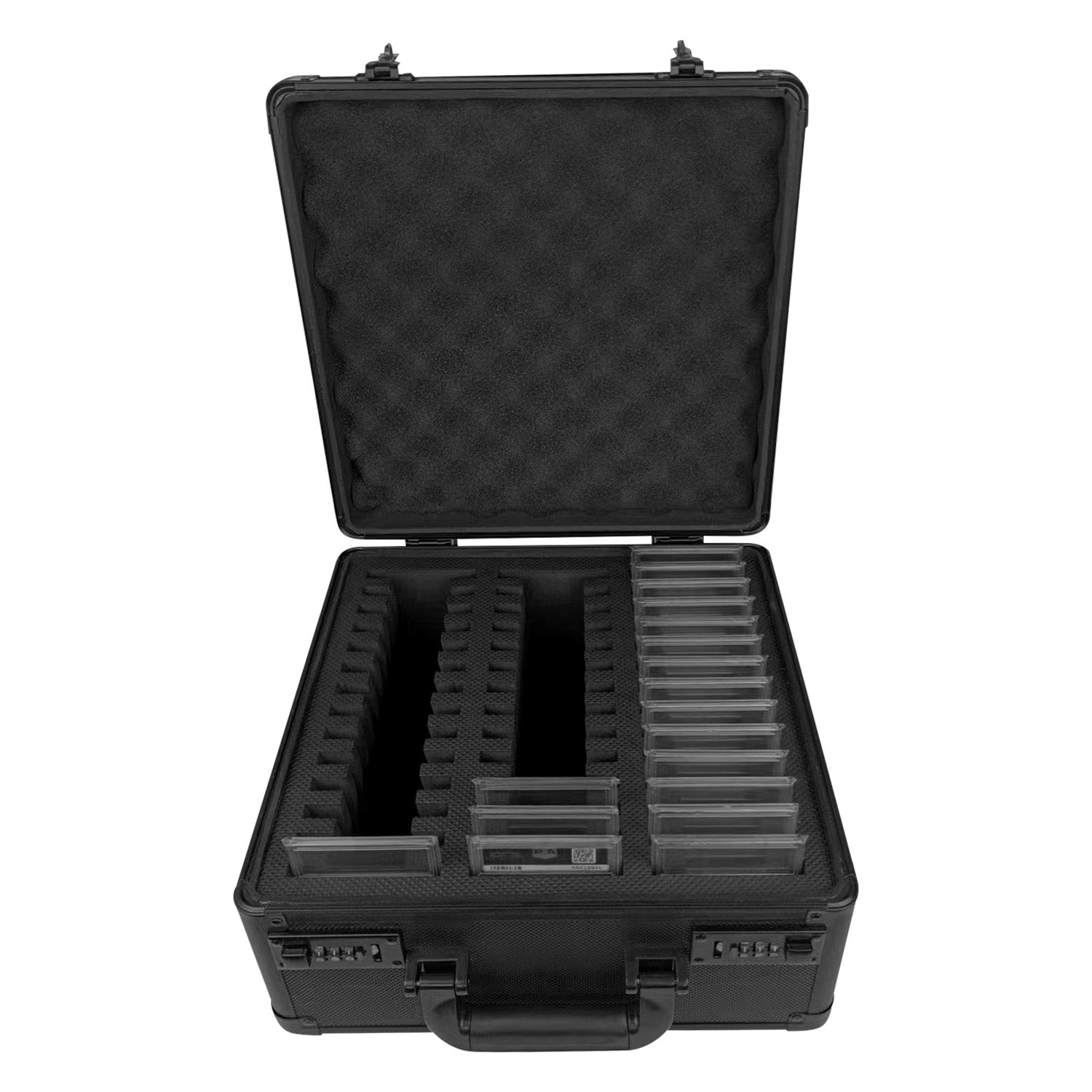 Empty black graded card case with foam dividers and three rows, front view on a white background.