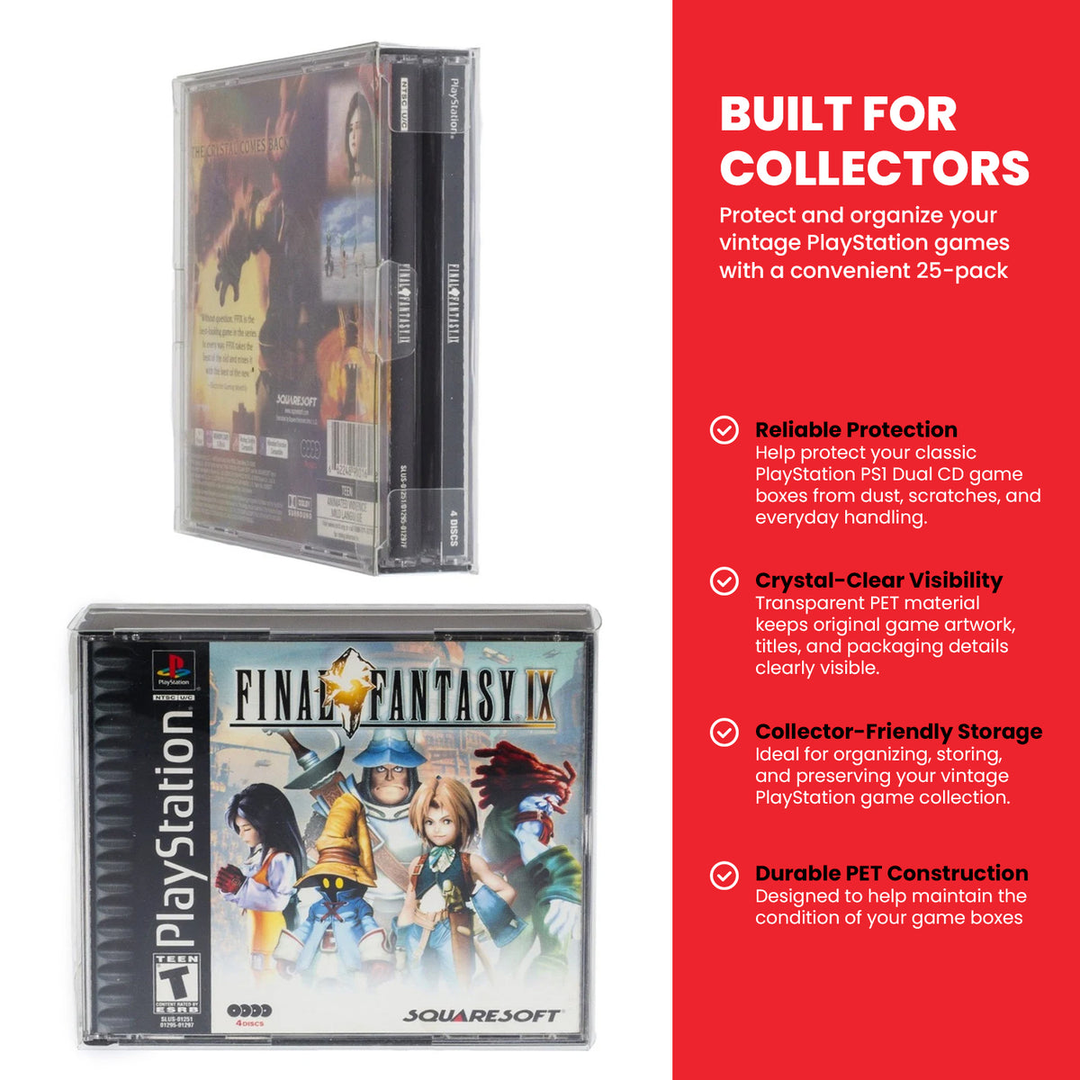 Protecteurs PET EVORETRO pour boîtiers Sony PlayStation PS1 à double CD — paquet de 25