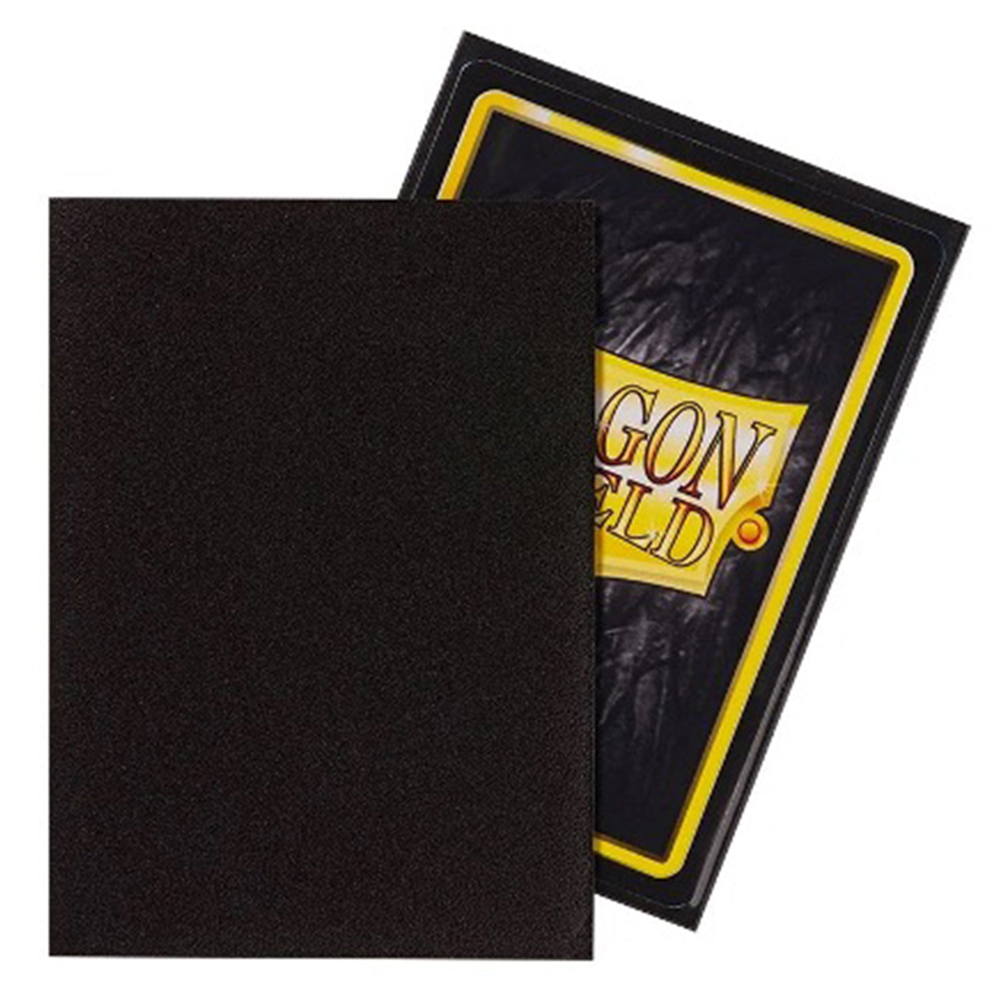 A single EVORETRO matte black card sleeve, standard size 66 x 91 mm, shown without packaging. A trading card is partially visible inside the sleeve, featuring a gold-lined design.