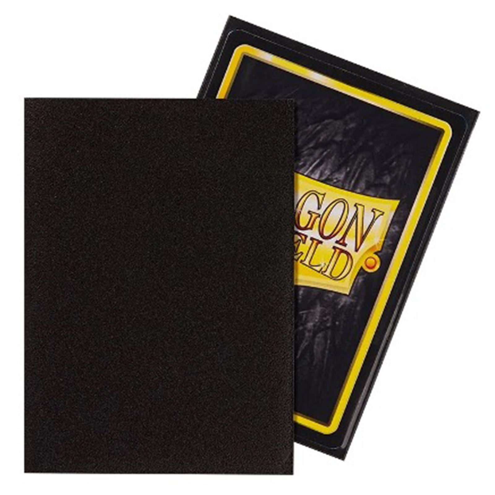 A single EVORETRO matte black card sleeve, standard size 66 x 91 mm, shown without packaging. A trading card is partially visible inside the sleeve, featuring a gold-lined design.