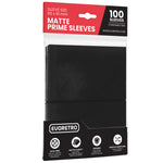A pack of EVORETRO matte black card sleeves, displaying the product and its packaging which mentions it contains 100 sleeves, suitable for standard size cards.