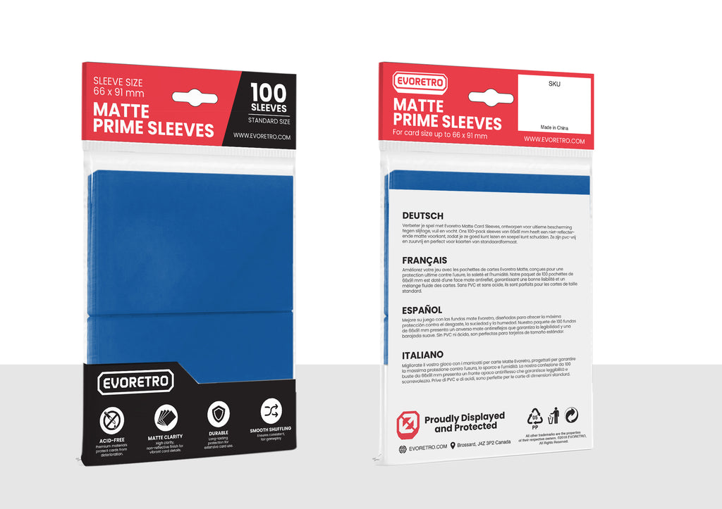 A pack of EVORETRO matte black card sleeves. The packaging is predominantly black and red with some white text and blue accents.