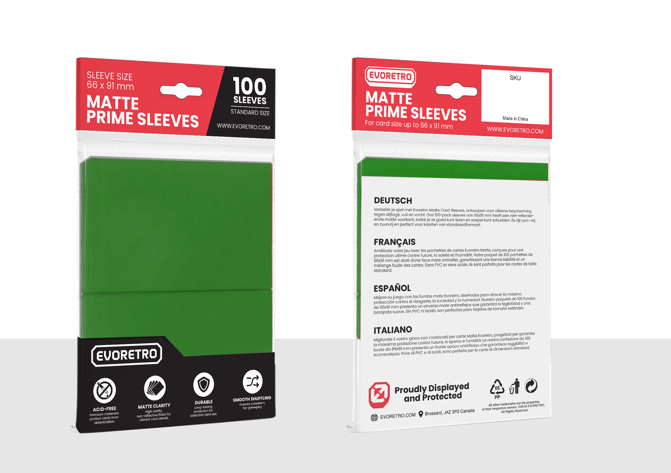 Front and back view of EVORETRO Matte Card Sleeves in Green, standard size 66 x 91 mm, 100 pack. Packaging features a black and red design with green color indicators and product information.