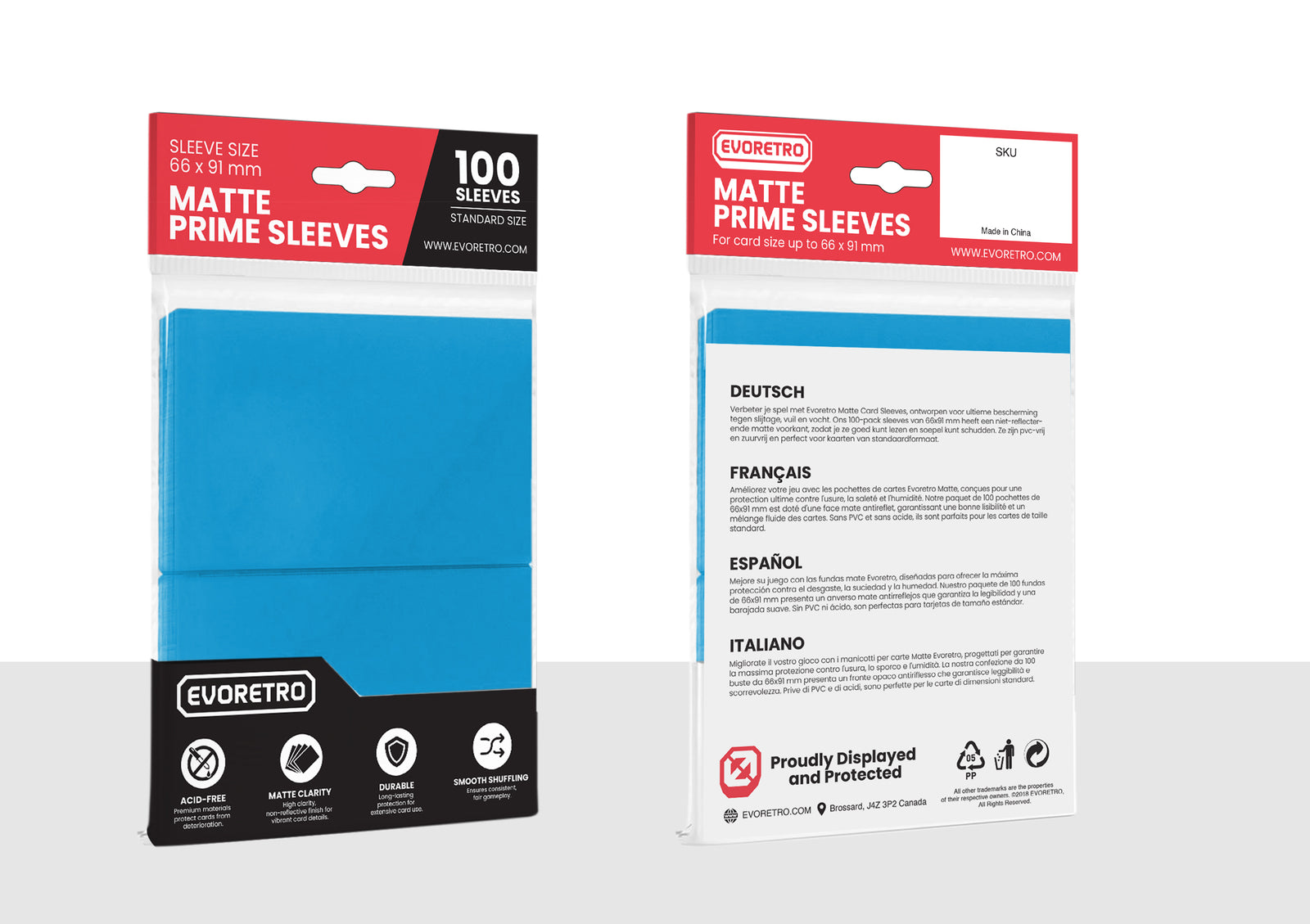 Front and back view of EVORETRO Matte Card Sleeves in Light Blue, standard size 66 x 91 mm, 100 pack. Packaging features a black and red design with blue color indicators and product information.