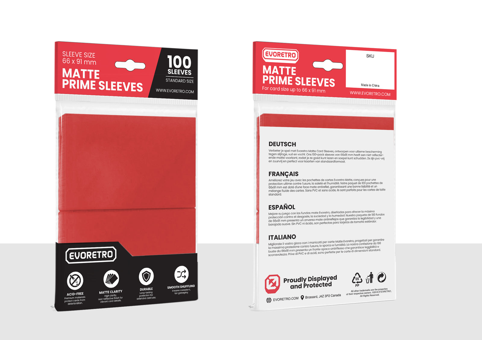 Front and back view of EVORETRO Matte Card Sleeves in Red, standard size 66 x 91 mm, 100 pack. Packaging features a black and red design with red color indicators and detailed product information.