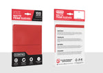 Front and back view of EVORETRO Matte Card Sleeves in Red, standard size 66 x 91 mm, 100 pack. Packaging features a black and red design with red color indicators and detailed product information.