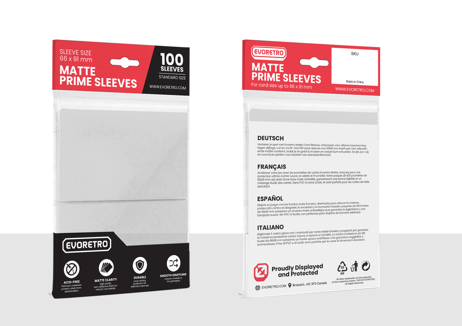 Front and back view of EVORETRO Matte Card Sleeves in Transparent, standard size 66 x 91 mm, 100 pack. Packaging showcases a black and red design with clear indicators and product details.