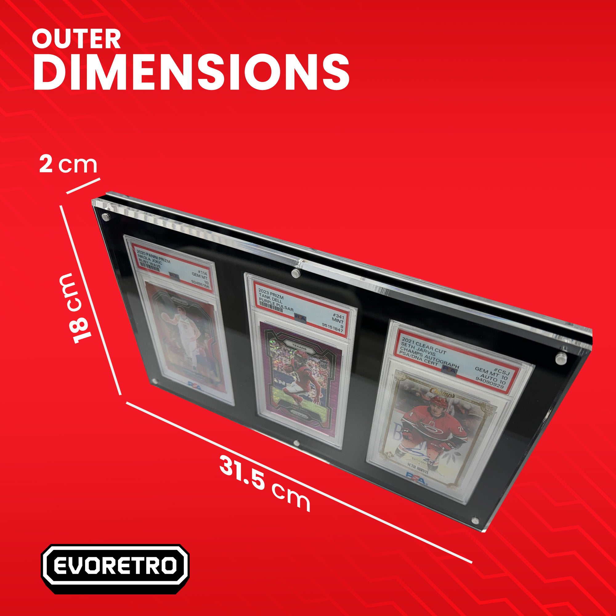 Acrylic frame with dimensions on a red background, featuring the EVORETRO brand.