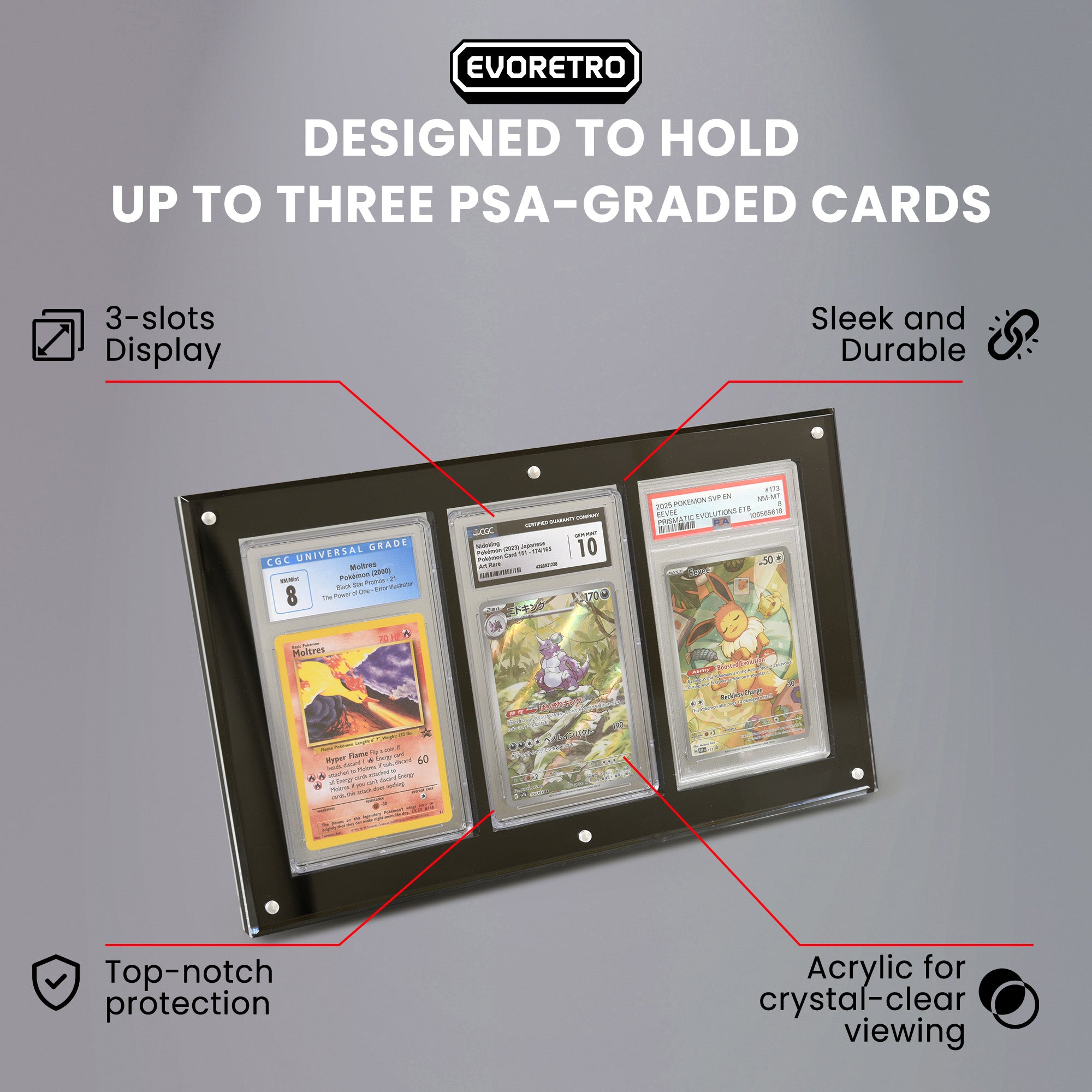 Acrylic Fame for PSA-graded cards with EVORETRO branding on a gray background.