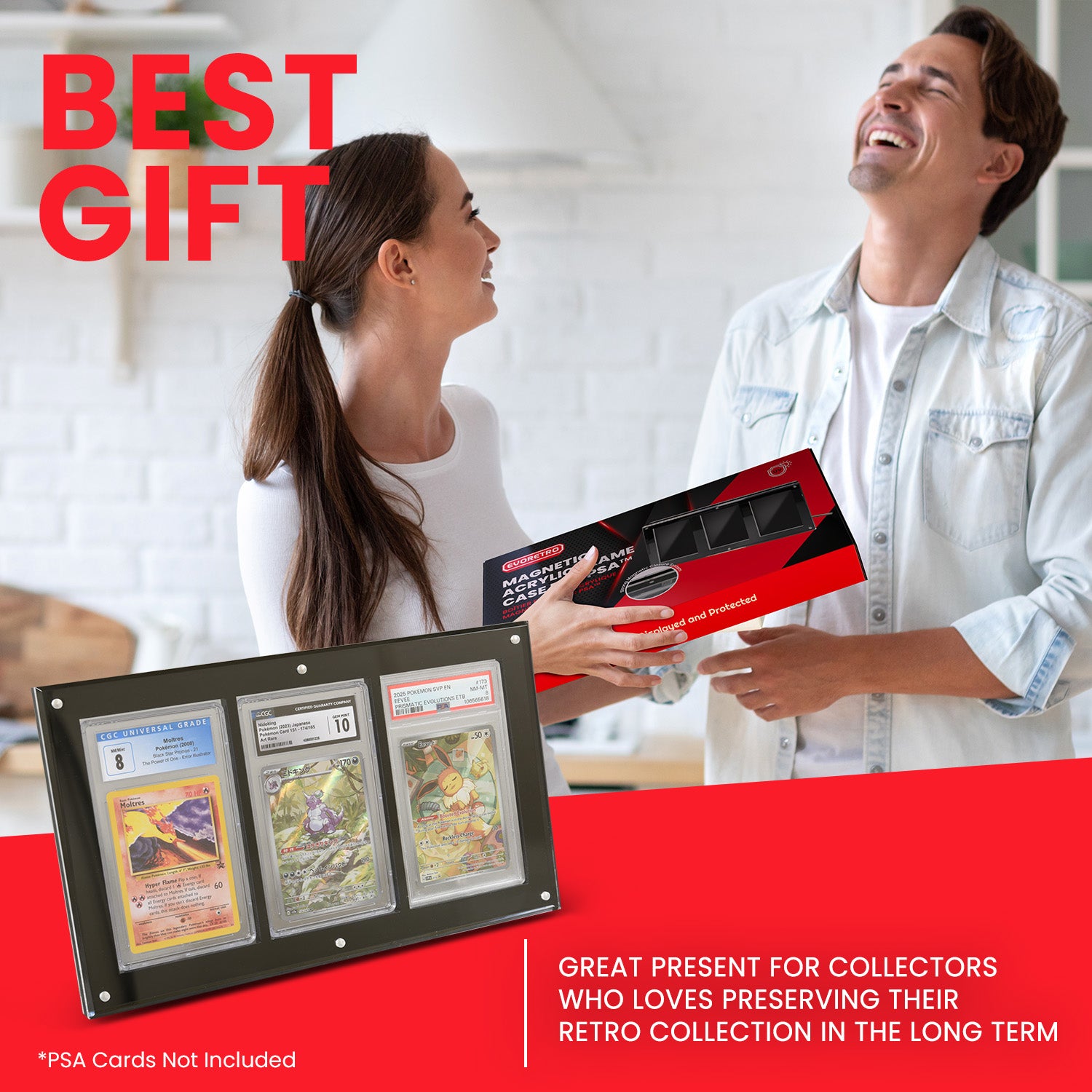 Man and woman holding the acrylic frame box, with text about it being a great present for collectors.