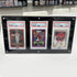 Three sports trading cards in a display case on a white surface with a store shelf in the background.