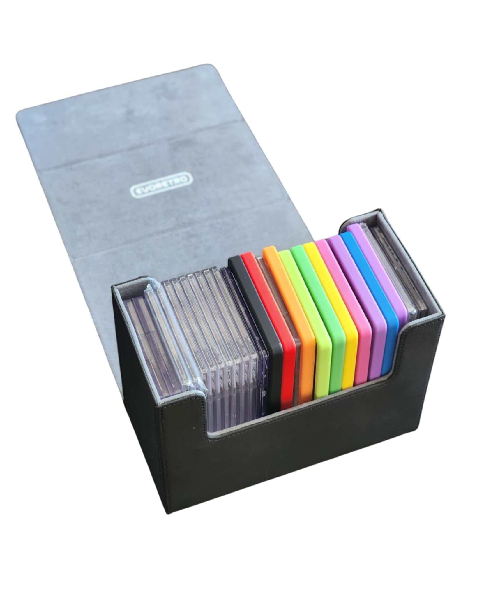 A black waterproof screwdown graded card holder with a grey interior, displaying multiple colored cards in a sleeve-like compartment.
