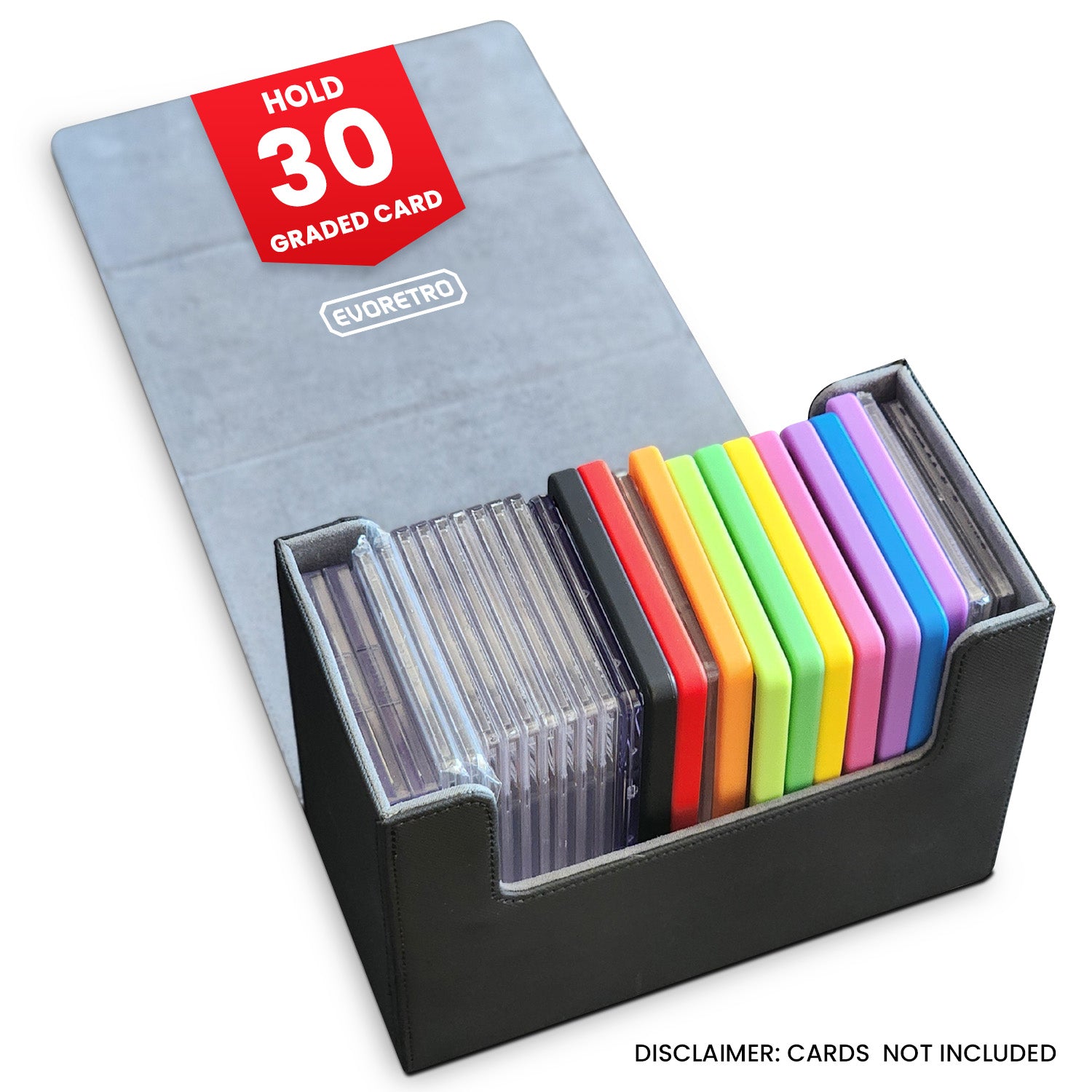Semi side view of black waterproof graded card holder with gray interior, displaying multiple colored cards. HOLD 30 GRADED CARD label, white background