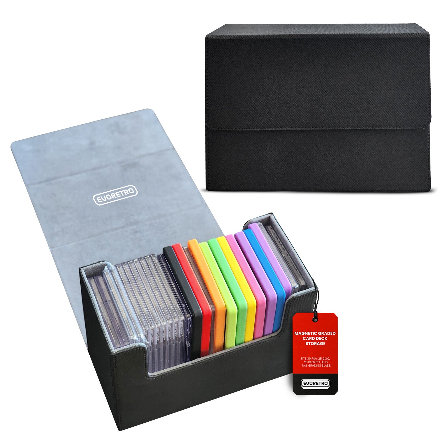 Black graded card holder with gray interior, open to display colorful magnetic slabs and clear cases, label tag shown