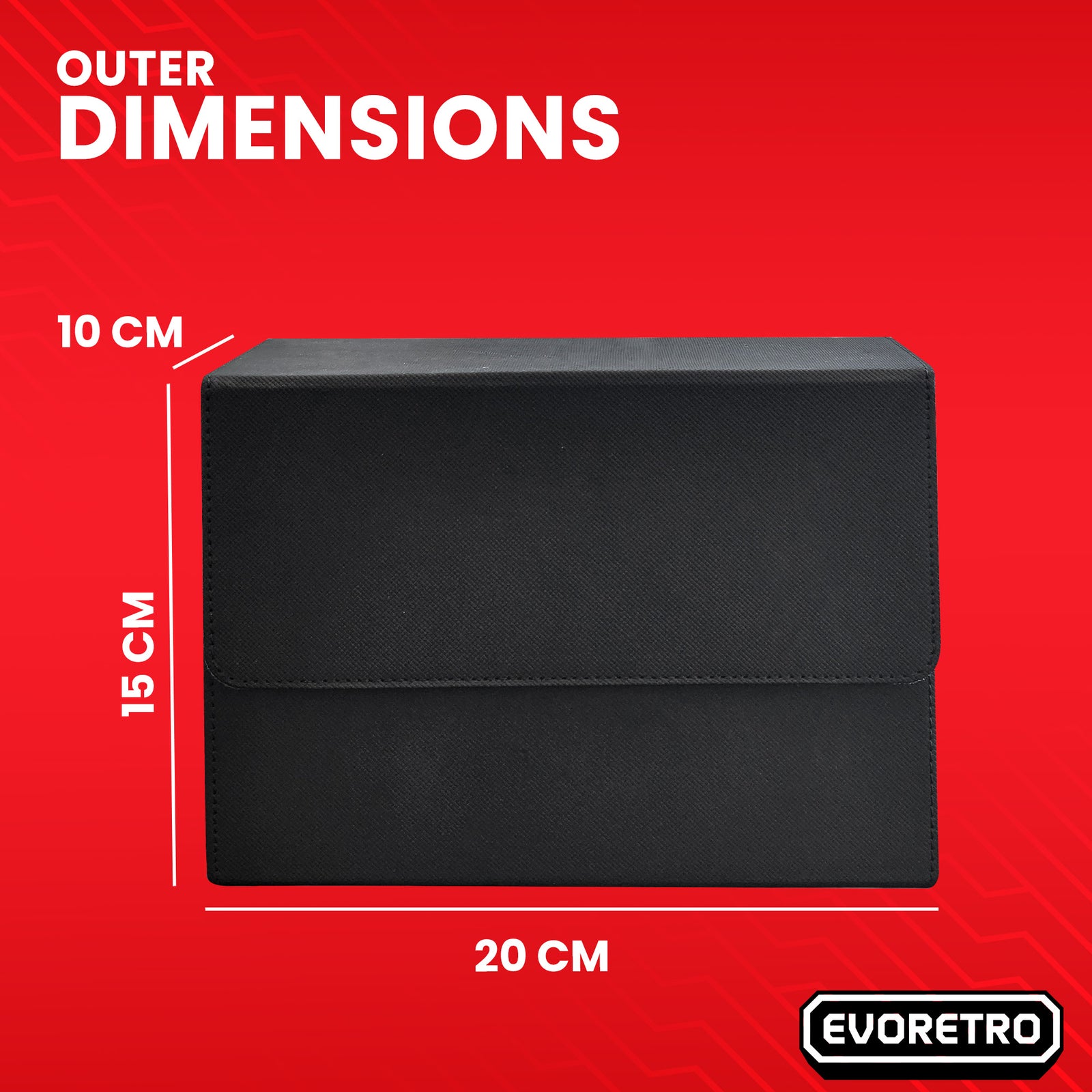 Front view of closed magnetic graded card holder with dimensions in cm, shown on bold red background