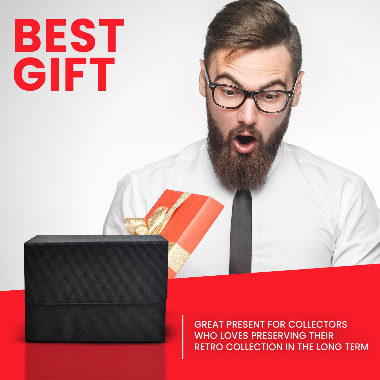 Bearded man with glasses reacting to gift box labeled BEST GIFT, magnetic card holder shown in lower left corner