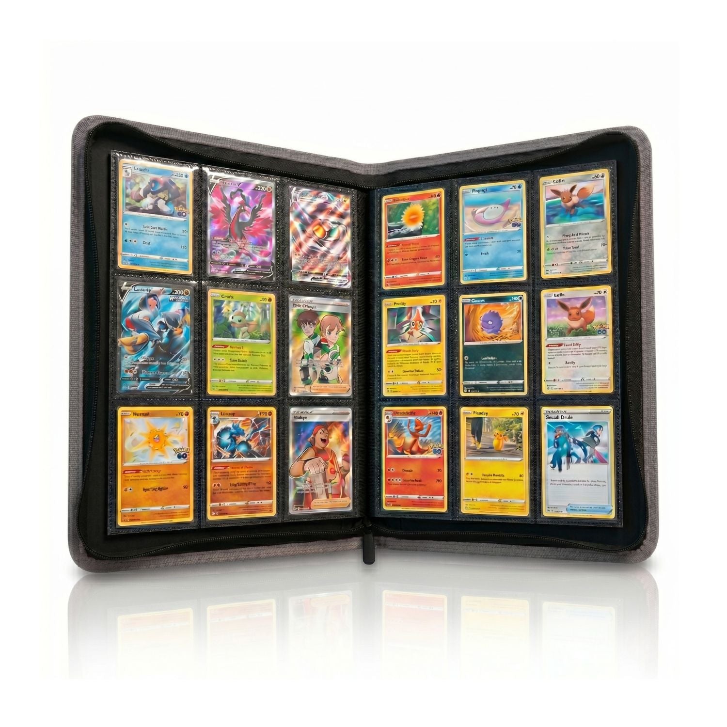 gray 9 pocket zip up binder open with cards inside