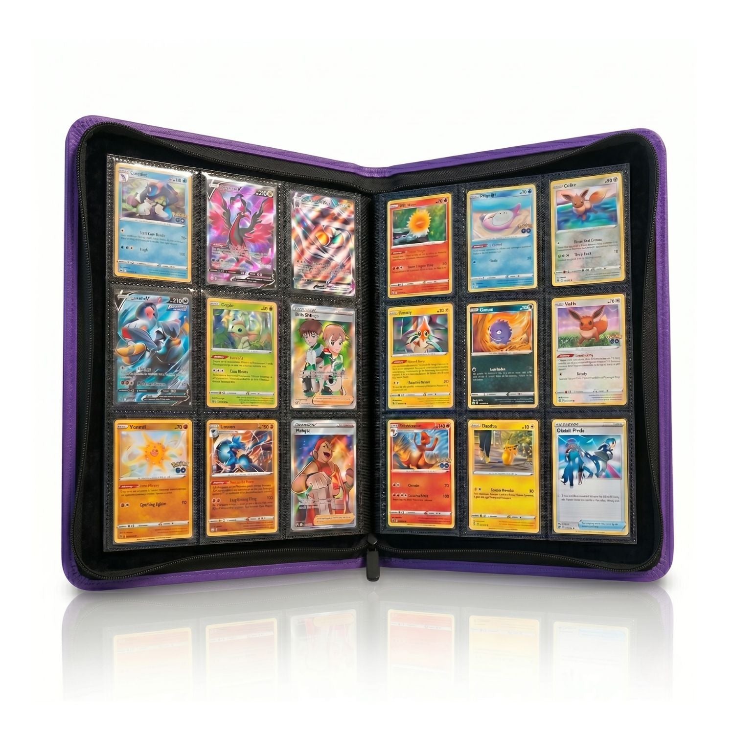purple 9 pocket zip up binder open with cards inside