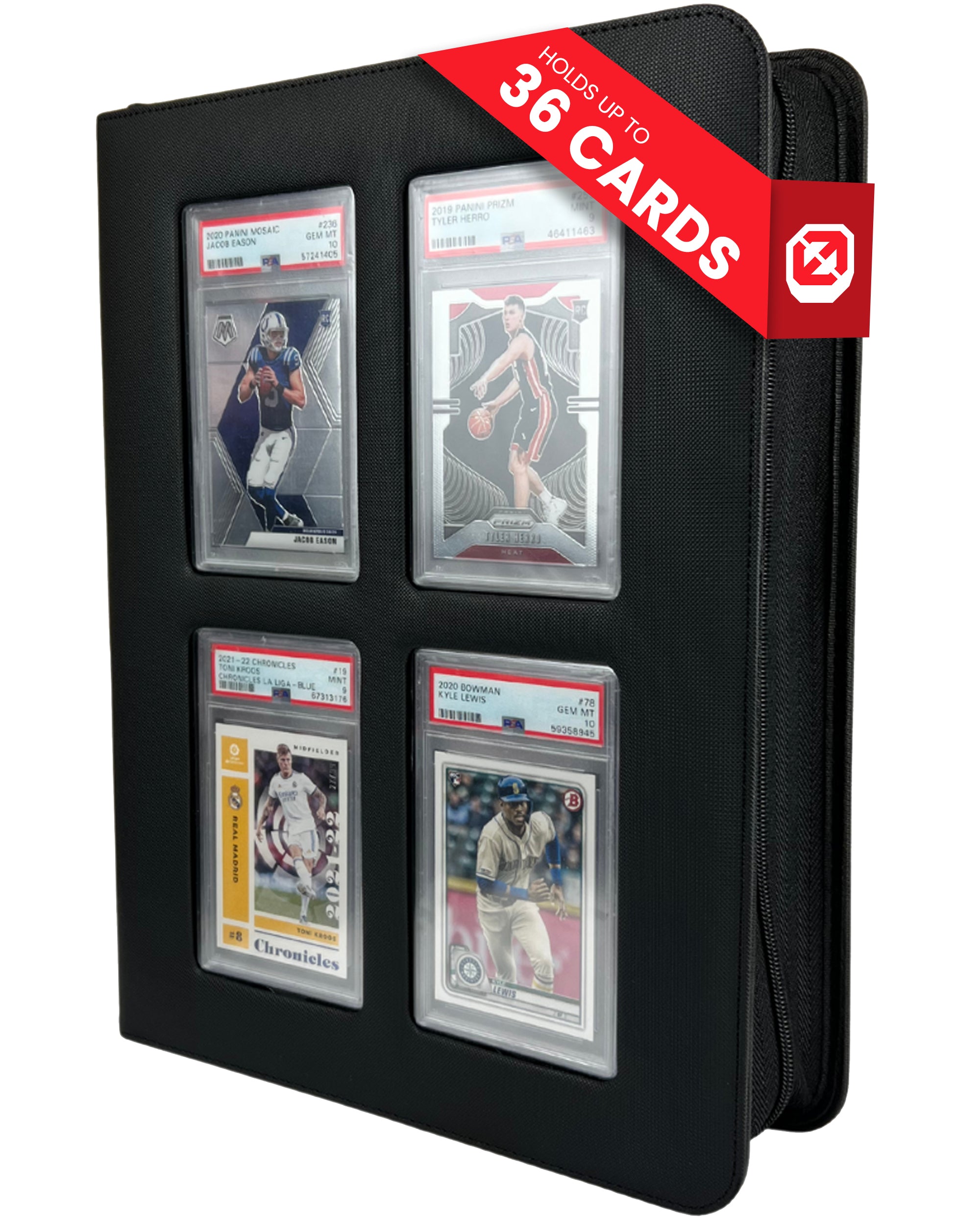 Semi front-side view of black slab binder with label Holds up to 36 slabs