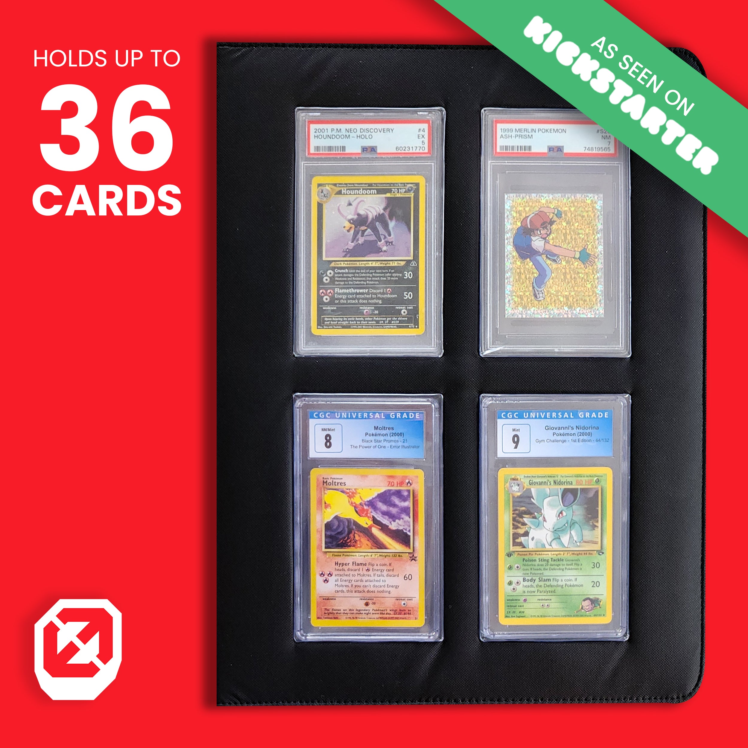 Front view of binder with 4 graded cards on display and label “As seen on Kickstarter