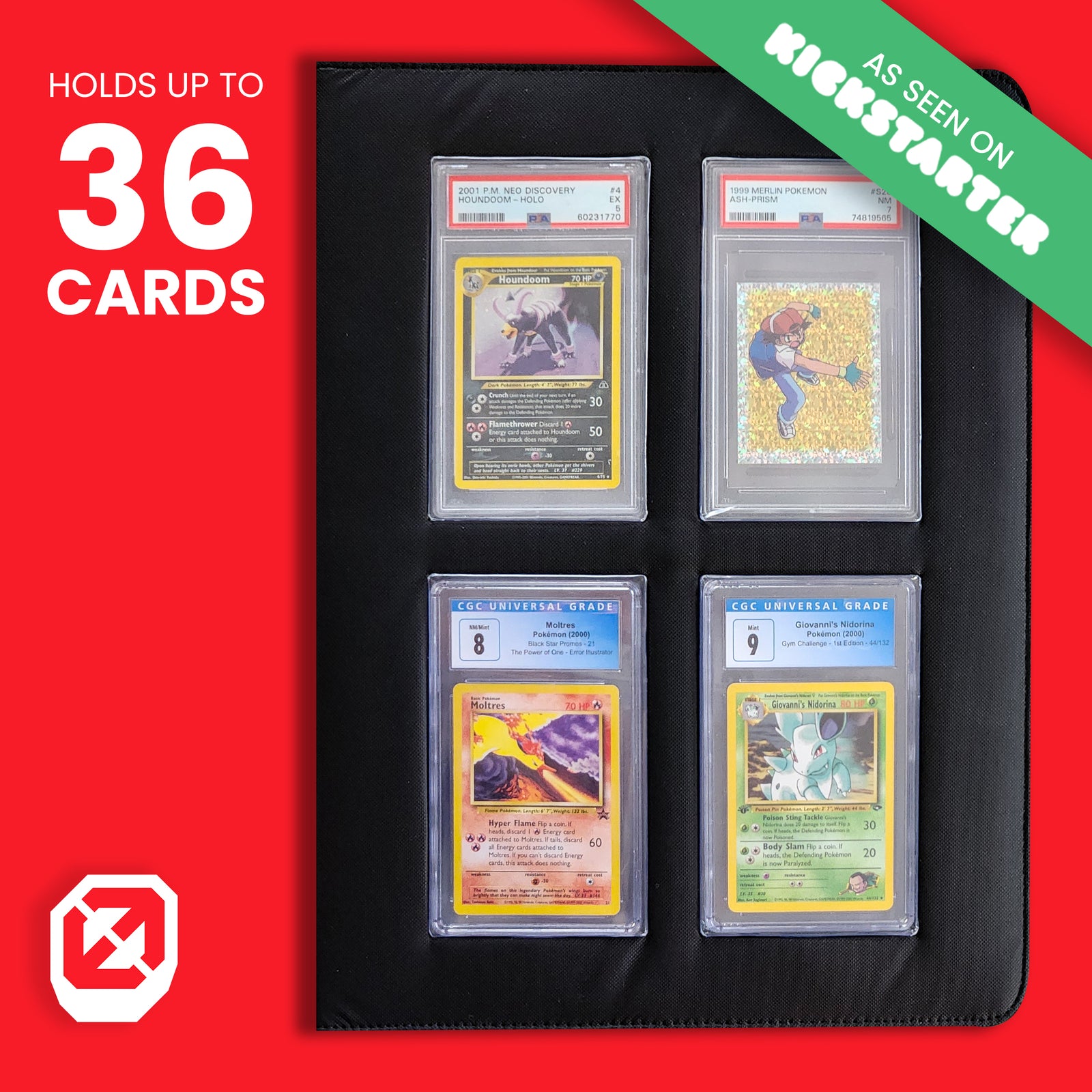 Front view of binder with 4 graded cards on display and label “As seen on Kickstarter